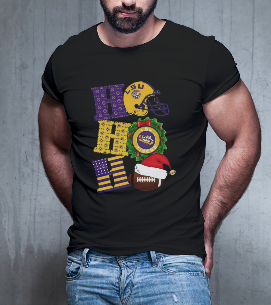 LSU Tigers Christmas Helmet Wreath Football Ho Ho Ho T-Shirt