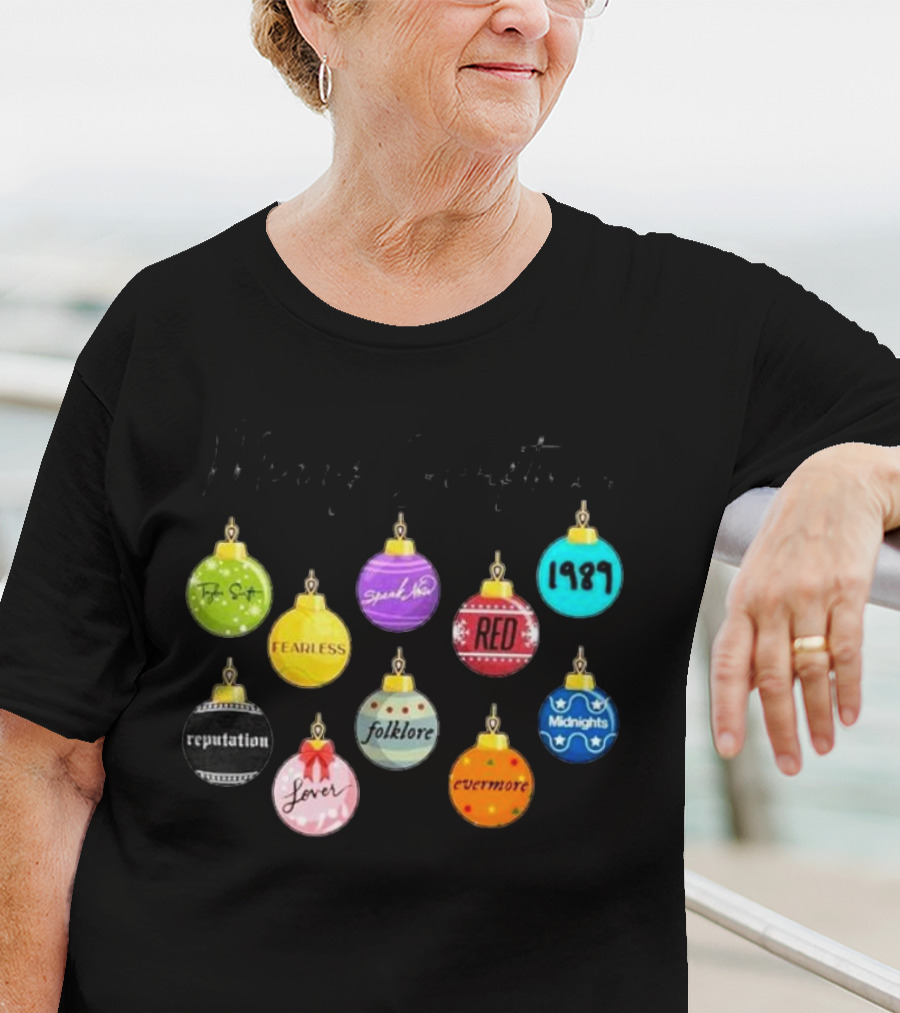 Merry Swiftmas Famous Christmas Ball Ornaments Fearless Red 1989 Reputation Folklore Evermore Midnights Eras Tour T-Shirt