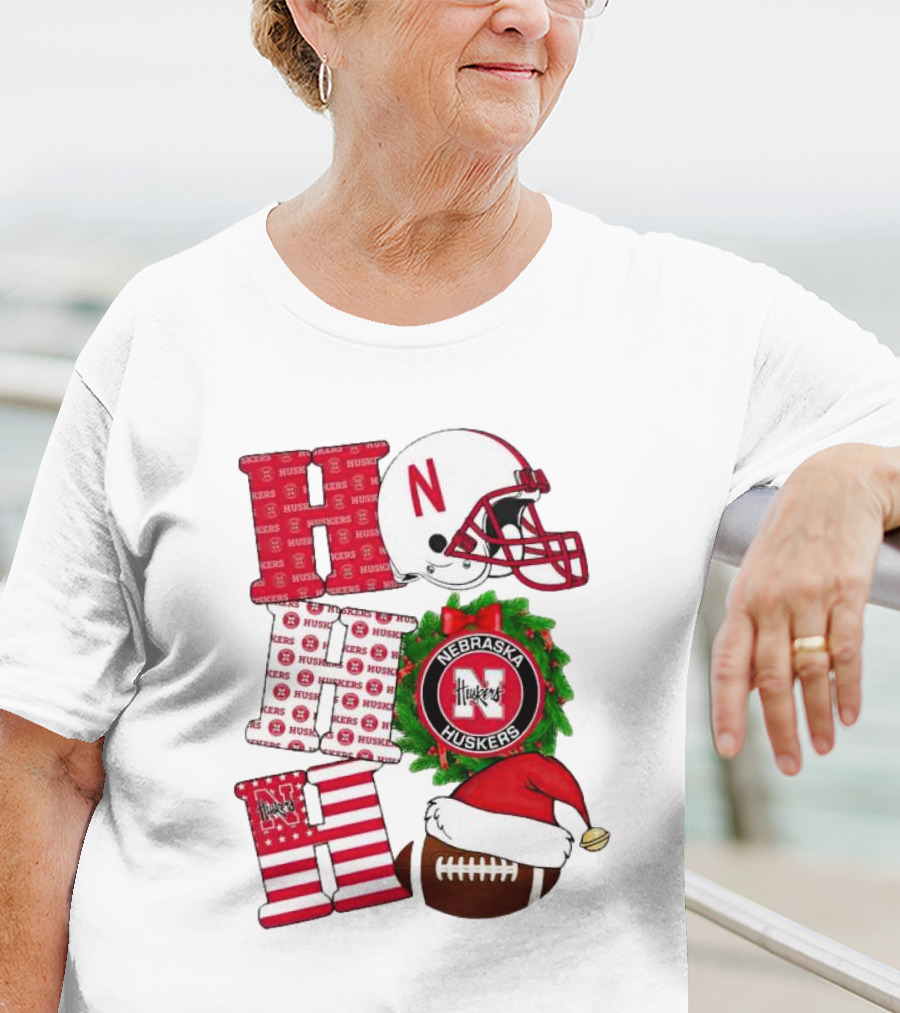 Nebraska Cornhuskers Ho Ho Ho Christmas Football Helmet Wreath Santa Hat Football T-Shirt