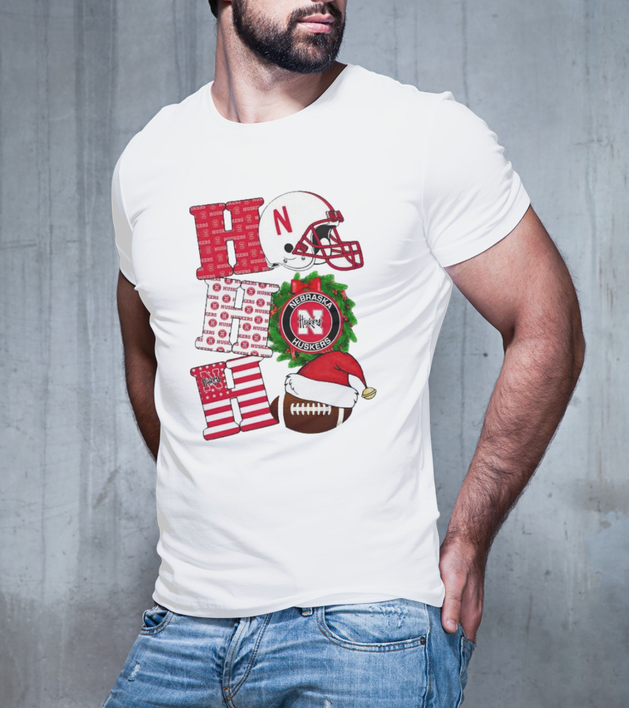 Nebraska Cornhuskers Ho Ho Ho Christmas Football Helmet Wreath Santa Hat Football T-Shirt