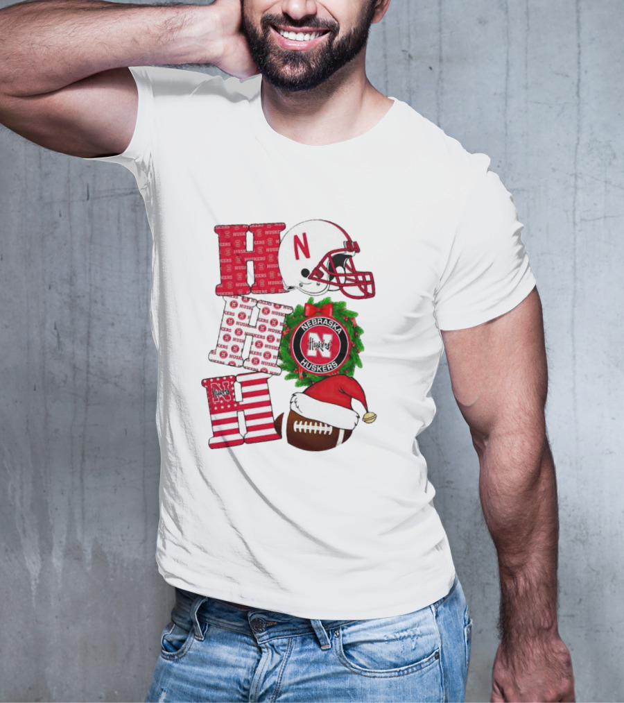 Nebraska Cornhuskers Ho Ho Ho Christmas Football Helmet Wreath Santa Hat Football T-Shirt