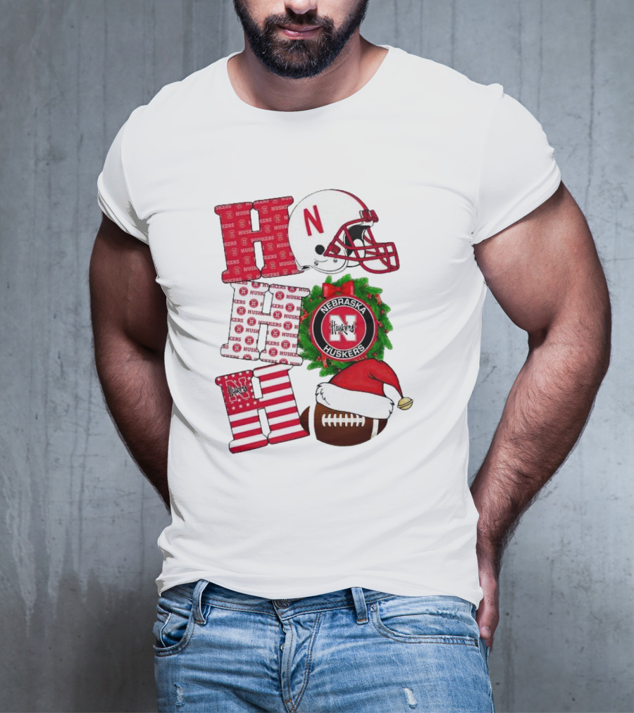 Nebraska Cornhuskers Ho Ho Ho Christmas Football Helmet Wreath Santa Hat Football T-Shirt