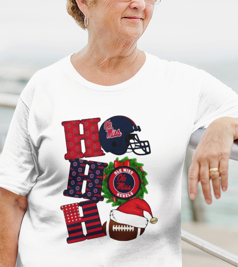 Ole Miss Rebels Christmas Football Helmet Wreath Ho Ho Ho T-Shirt