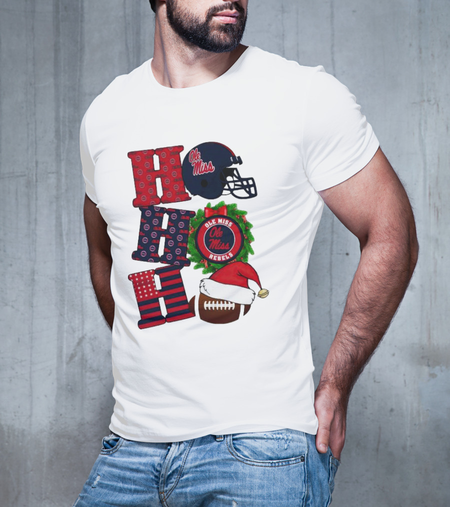 Ole Miss Rebels Christmas Football Helmet Wreath Ho Ho Ho T-Shirt