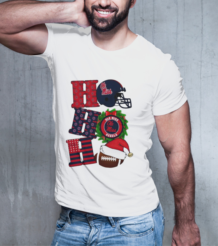 Ole Miss Rebels Christmas Football Helmet Wreath Ho Ho Ho T-Shirt
