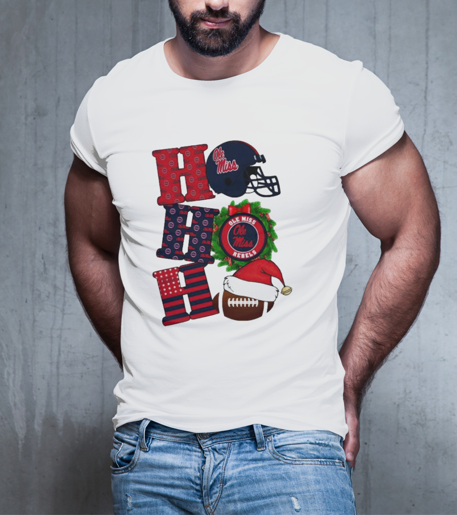 Ole Miss Rebels Christmas Football Helmet Wreath Ho Ho Ho T-Shirt