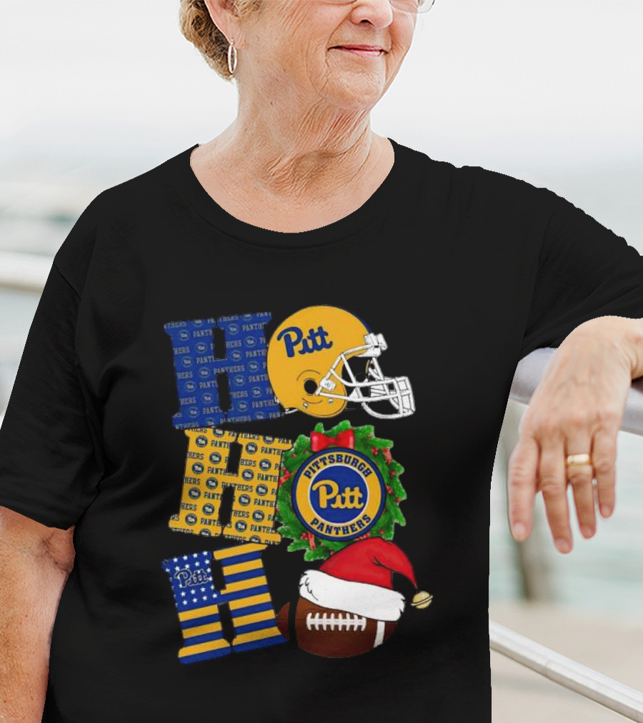 Pitt Panthers Christmas Helmet Wreath Football Ho Ho Ho T-Shirt