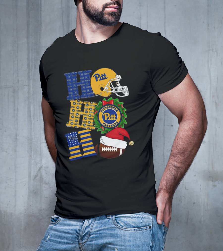 Pitt Panthers Christmas Helmet Wreath Football Ho Ho Ho T-Shirt