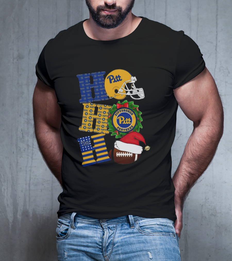 Pitt Panthers Christmas Helmet Wreath Football Ho Ho Ho T-Shirt