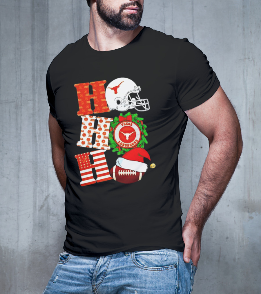 Texas Longhorns Ho Ho Ho Christmas Football Helmet Wreath Santa Hat T-Shirt