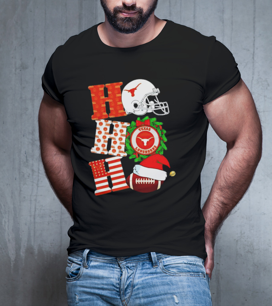 Texas Longhorns Ho Ho Ho Christmas Football Helmet Wreath Santa Hat T-Shirt