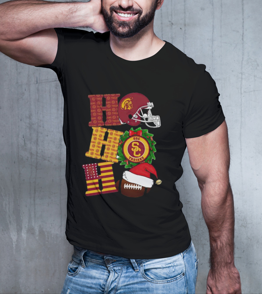 USC Trojans Ho Ho Ho Christmas Helmet Wreath Football Santa Hat T-Shirt