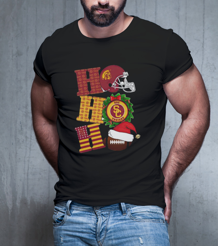 USC Trojans Ho Ho Ho Christmas Helmet Wreath Football Santa Hat T-Shirt