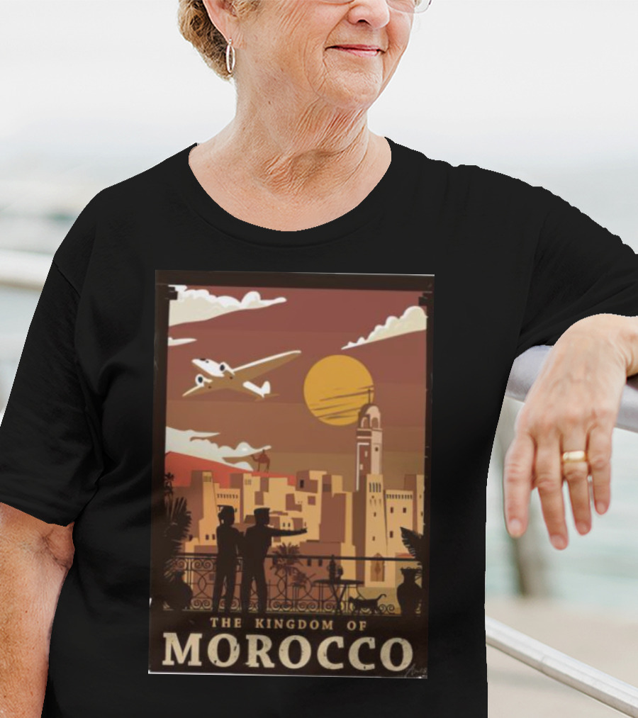The Kingdom Of Morocco Skyline View With Airplane And Sunset Scene T-Shirt