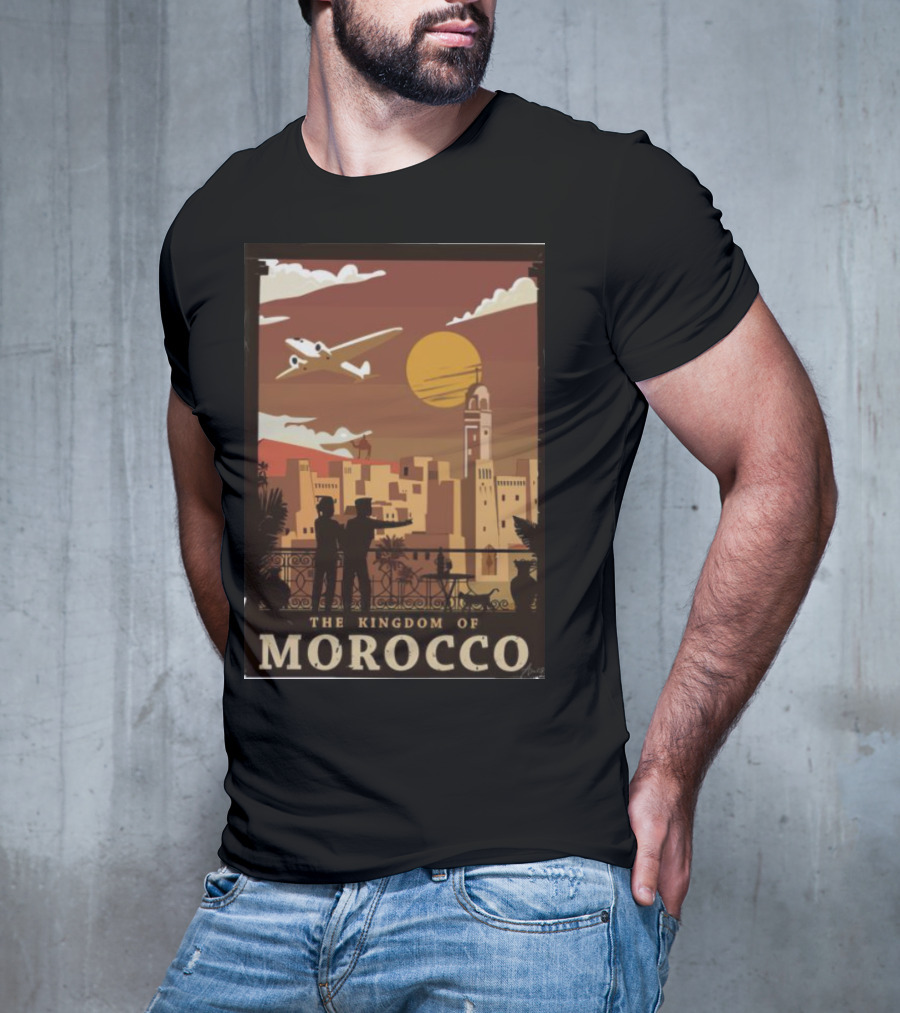 The Kingdom Of Morocco Skyline View With Airplane And Sunset Scene T-Shirt