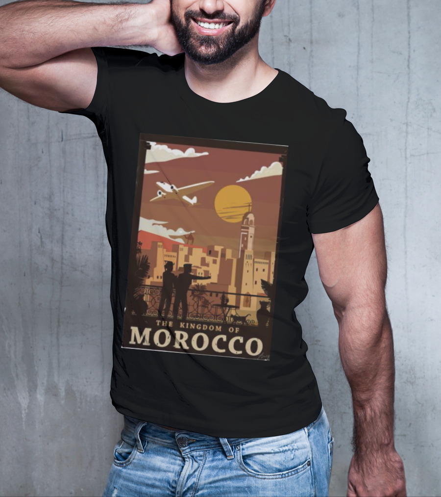 The Kingdom Of Morocco Skyline View With Airplane And Sunset Scene T-Shirt