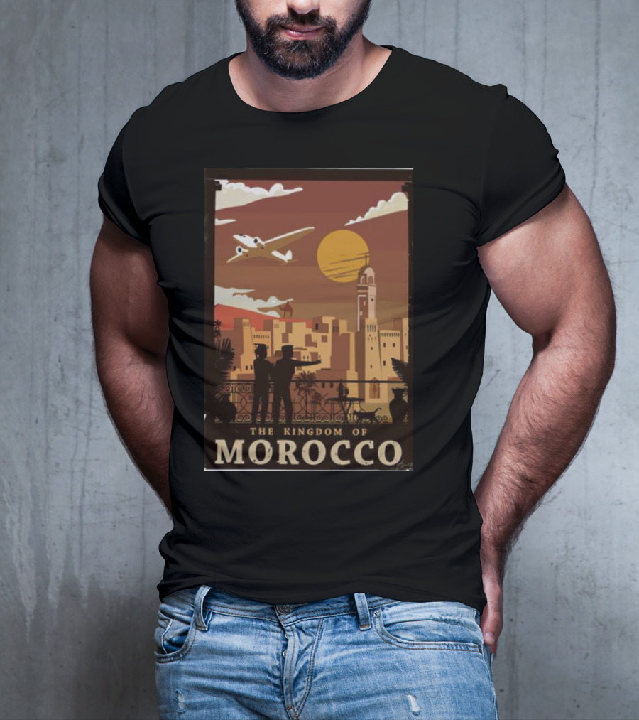 The Kingdom Of Morocco Skyline View With Airplane And Sunset Scene T-Shirt