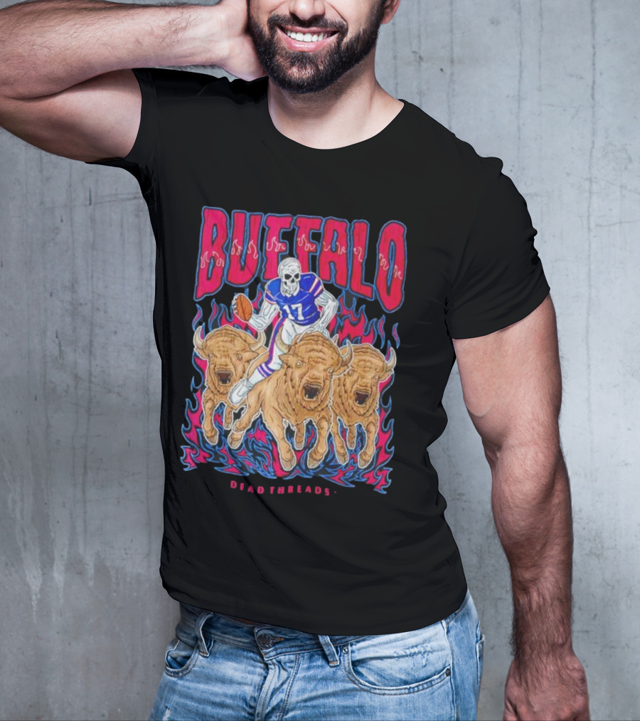Buffalo Football Dead Threads Skeleton Quarterback Riding Buffalos T-Shirt