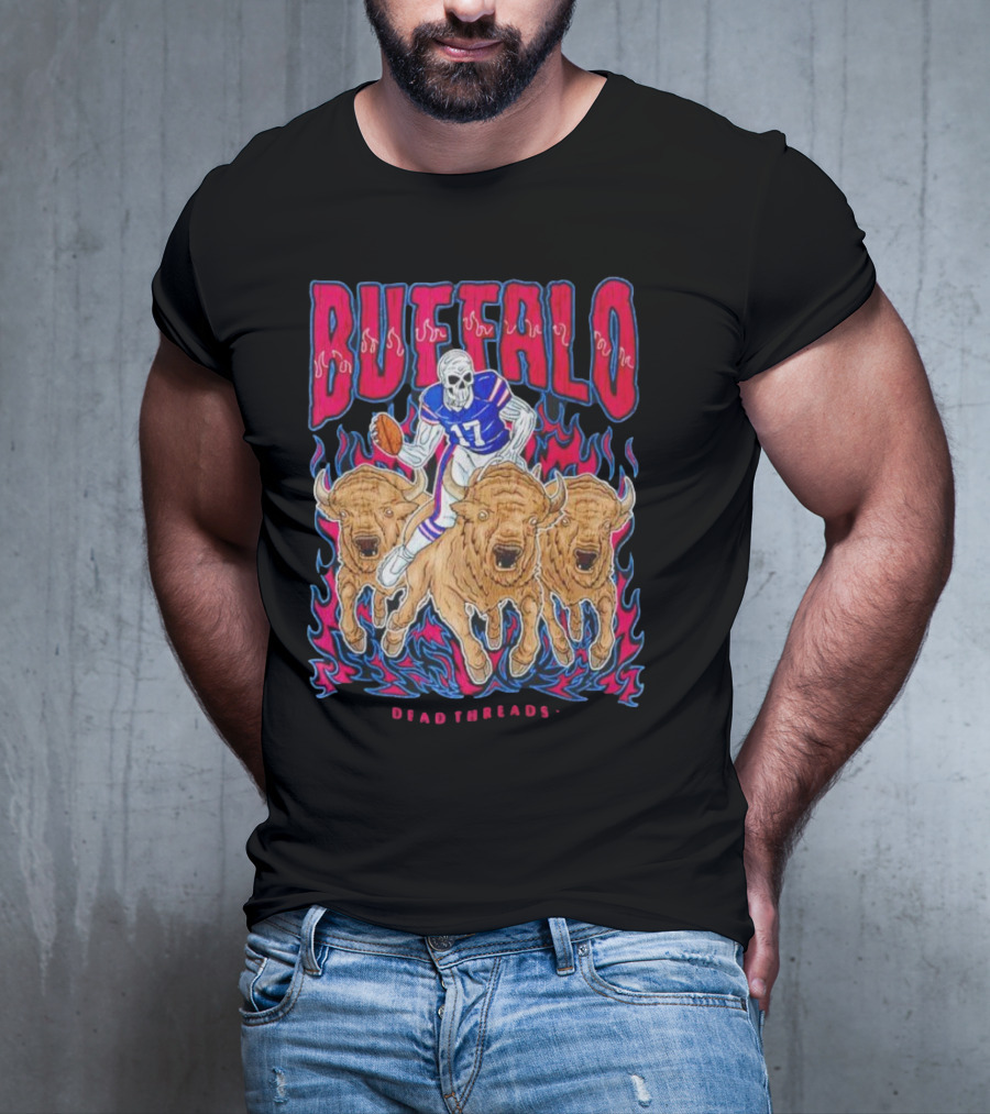 Buffalo Football Dead Threads Skeleton Quarterback Riding Buffalos T-Shirt