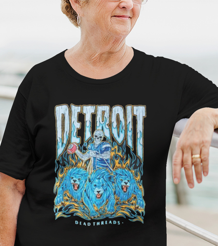 Detroit Dead Threads Football Skeleton And Blue Lions T-Shirt