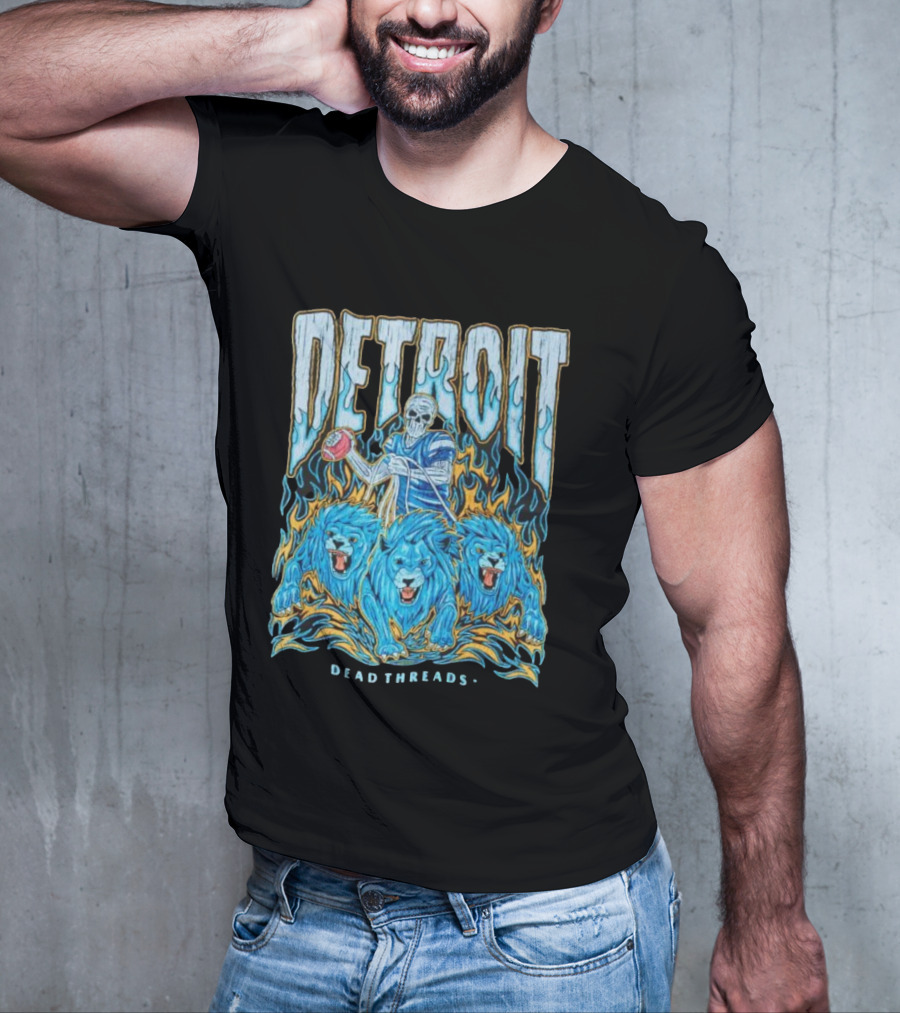 Detroit Dead Threads Football Skeleton And Blue Lions T-Shirt