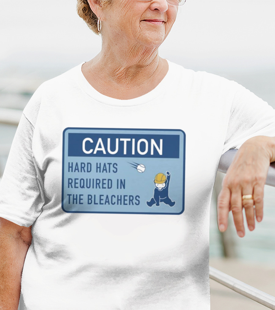 Caution: Hard Hats Required In The Bleachers With Cartoon Worker And Falling Object T-Shirt