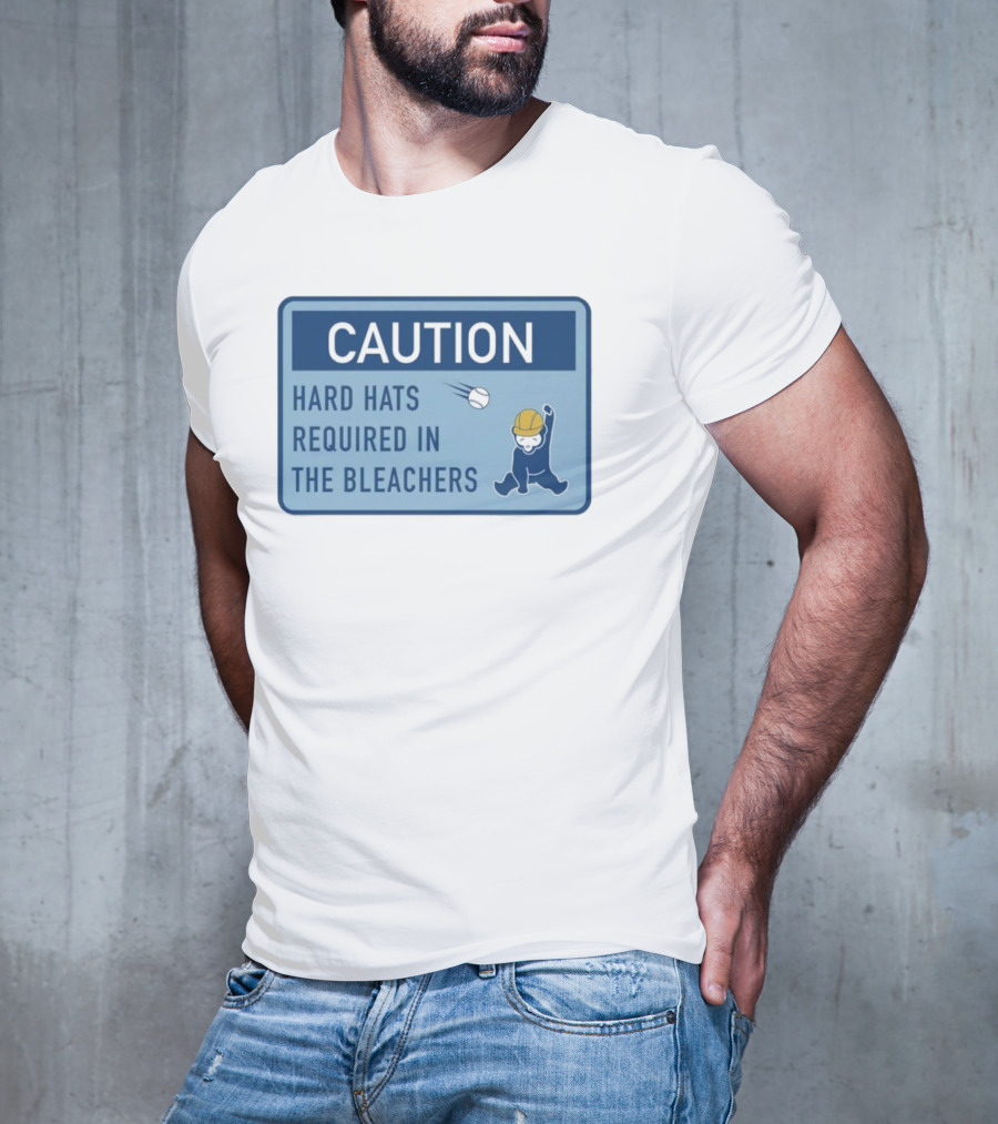 Caution: Hard Hats Required In The Bleachers With Cartoon Worker And Falling Object T-Shirt