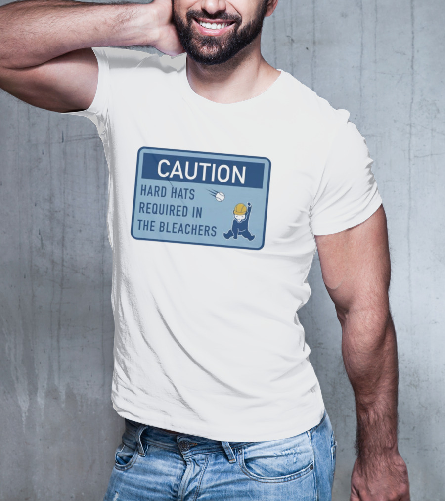 Caution: Hard Hats Required In The Bleachers With Cartoon Worker And Falling Object T-Shirt