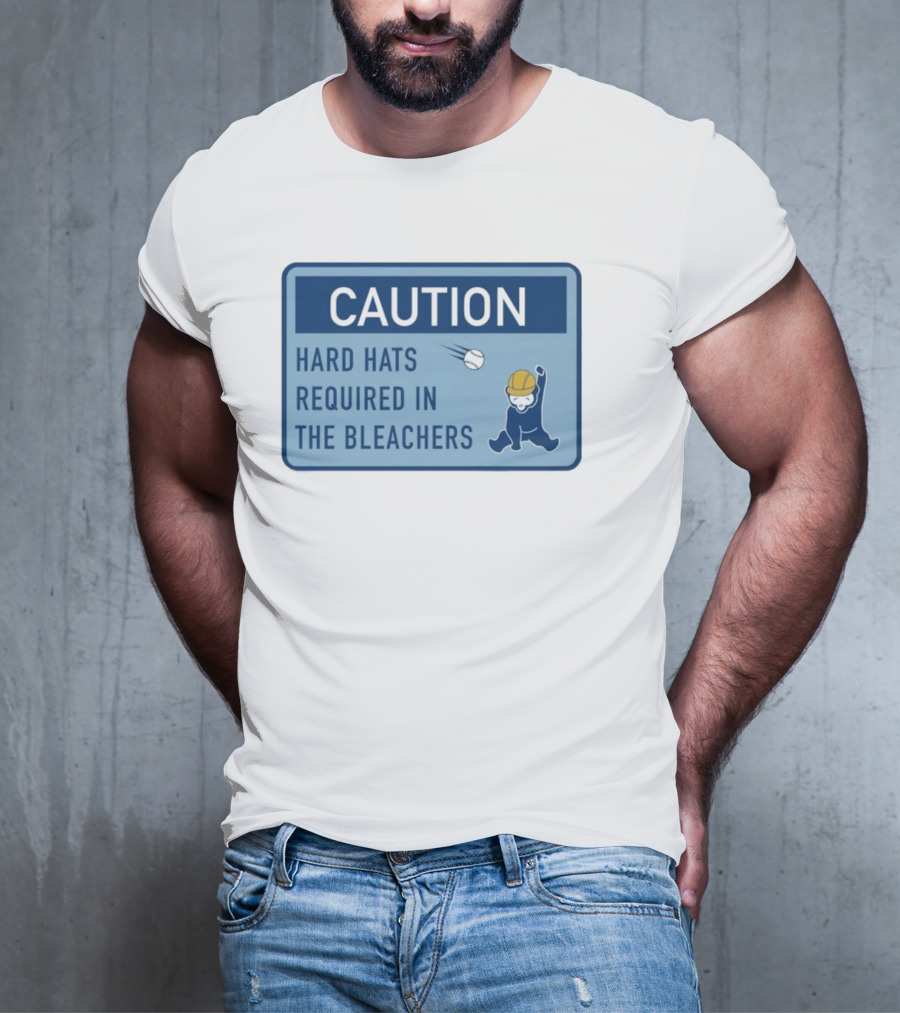 Caution: Hard Hats Required In The Bleachers With Cartoon Worker And Falling Object T-Shirt