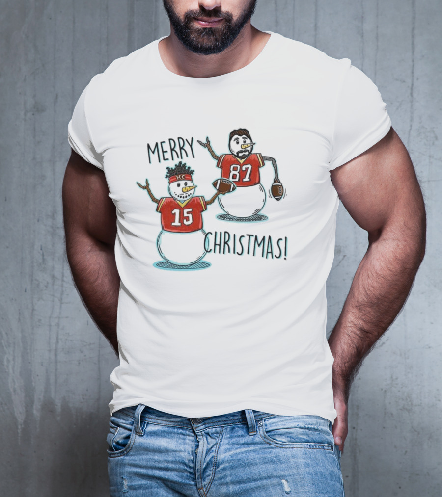 Merry Christmas Mahomes Snowman 15 And 87 Kansas City Football Chiefsmas T-Shirt