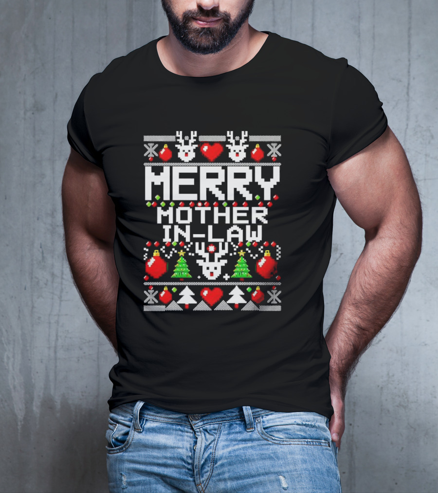 Merry Mother In-Law Christmas Sweater Reindeer Hearts Trees Ornaments T-Shirt