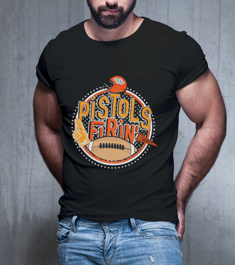 Pistols Firing OSU Cowboys Football Helmet And Foam Finger T-Shirt