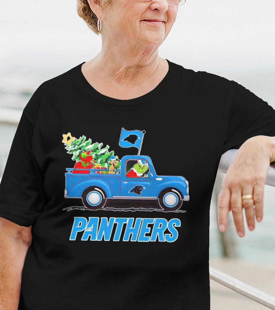 Grinch In Blue Christmas Truck With Carolina Panthers Logo And Tree T-Shirt