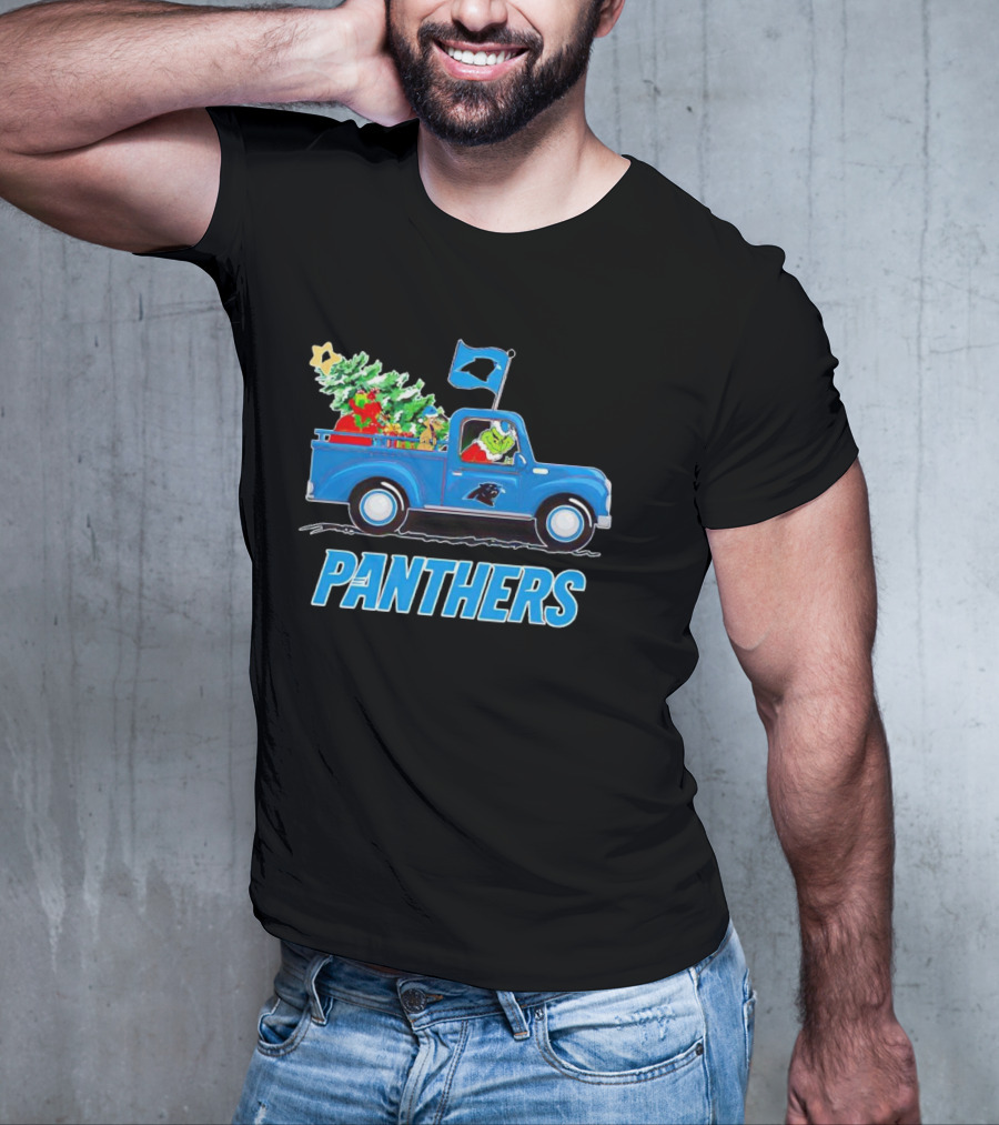 Grinch In Blue Christmas Truck With Carolina Panthers Logo And Tree T-Shirt