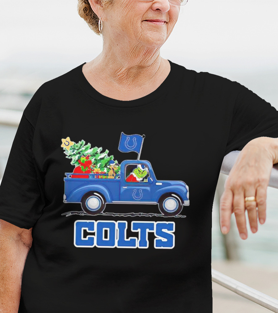 Grinch Driving Christmas Truck With Indianapolis Colts Logo And Tree T-Shirt