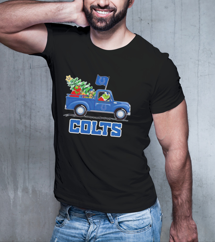 Grinch Driving Christmas Truck With Indianapolis Colts Logo And Tree T-Shirt
