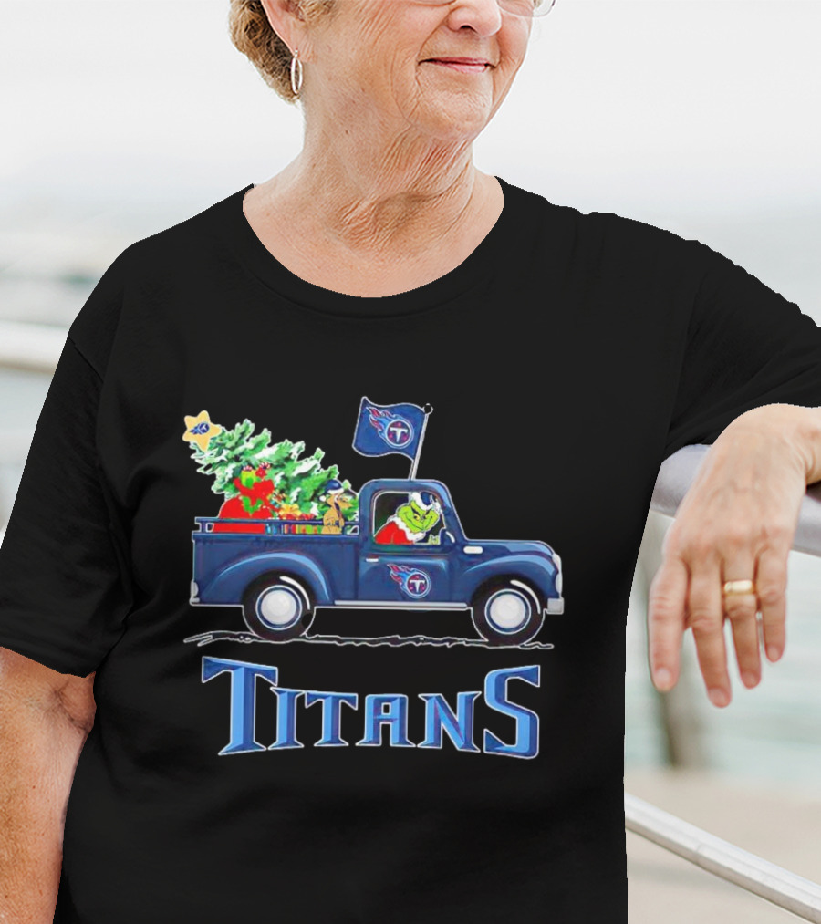 Grinch Driving Christmas Tree Truck Tennessee Titans Holiday Spirit T-Shirt