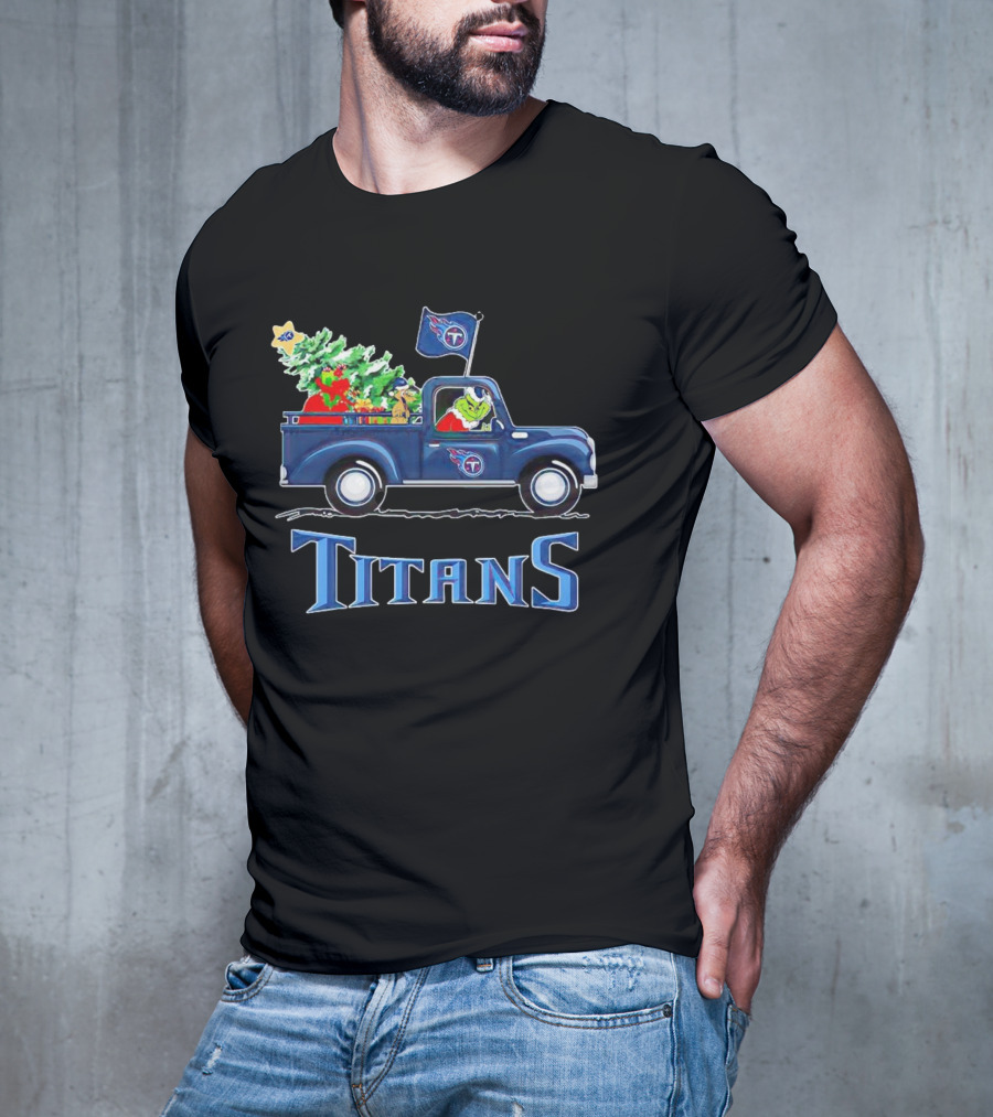 Grinch Driving Christmas Tree Truck Tennessee Titans Holiday Spirit T-Shirt