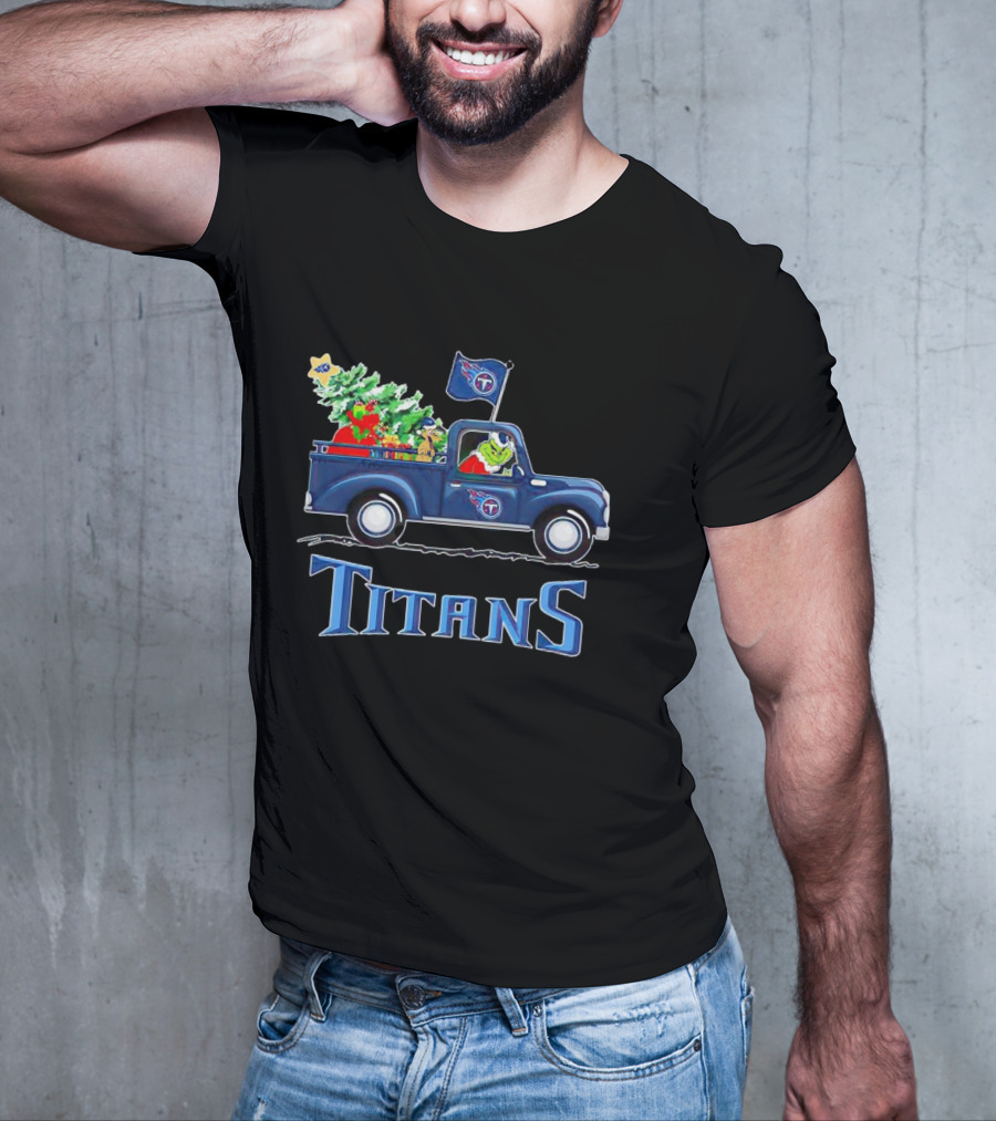 Grinch Driving Christmas Tree Truck Tennessee Titans Holiday Spirit T-Shirt