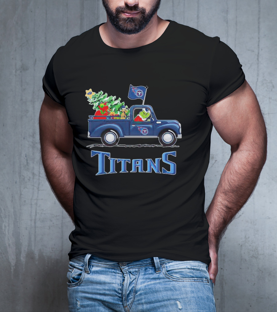 Grinch Driving Christmas Tree Truck Tennessee Titans Holiday Spirit T-Shirt