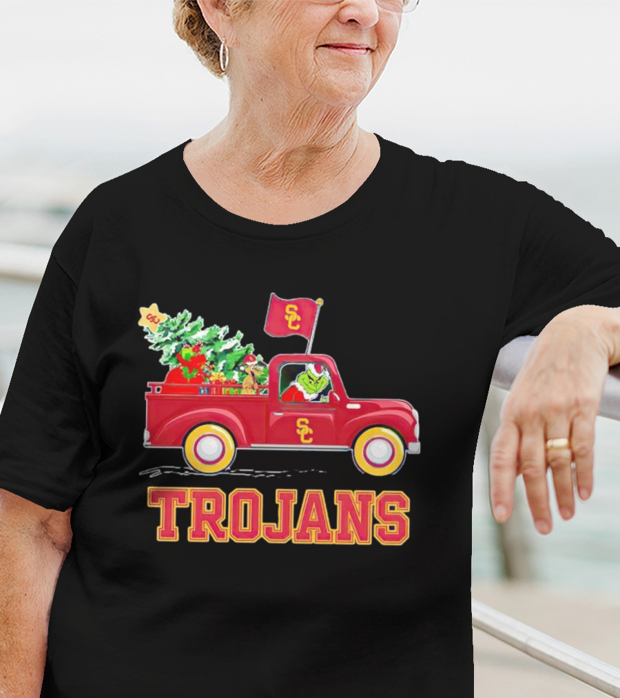 Grinch Driving Red Truck With Christmas Tree USC Trojans T-Shirt