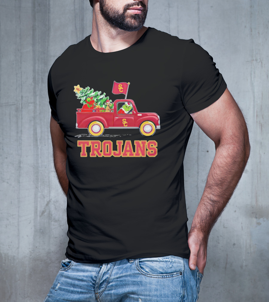 Grinch Driving Red Truck With Christmas Tree USC Trojans T-Shirt