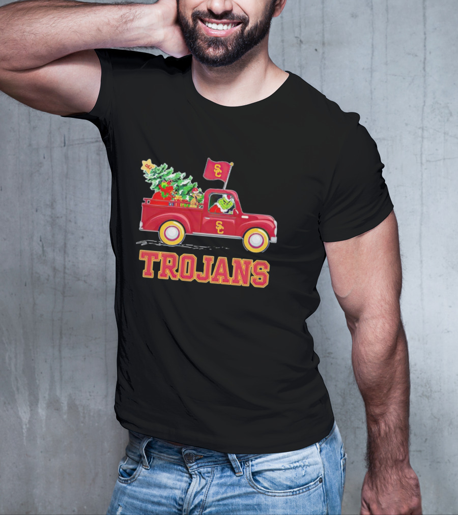 Grinch Driving Red Truck With Christmas Tree USC Trojans T-Shirt
