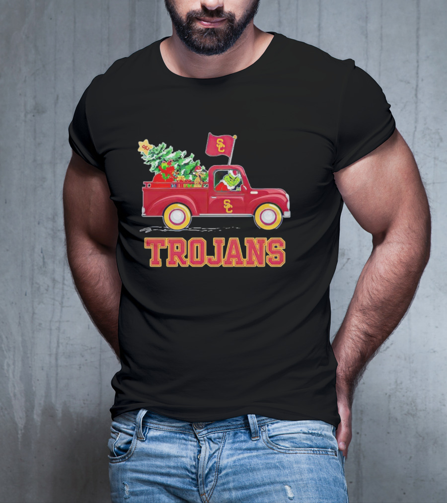Grinch Driving Red Truck With Christmas Tree USC Trojans T-Shirt