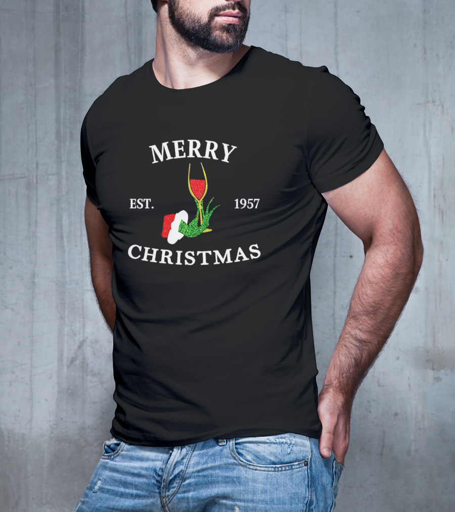 Merry Christmas Grinch Hand Wine Glass Est 1957 T-Shirt