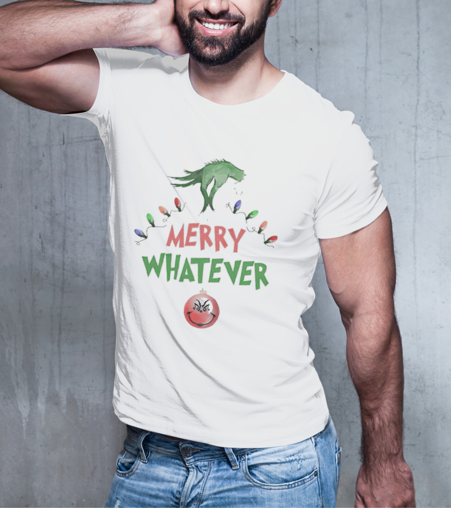 Grinch Hand Holding Christmas Lights Merry Whatever Christmas T-Shirt