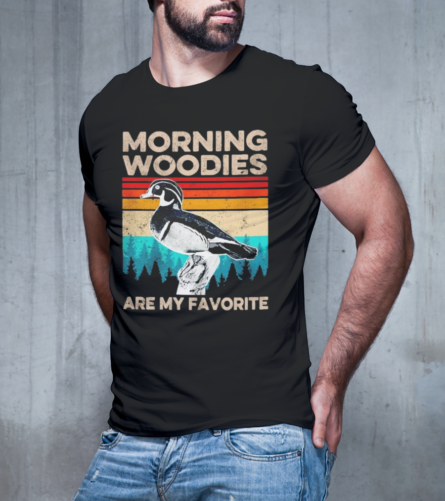 Morning Woodies Are My Favorite Vintage Duck Silhouette Retro Stripes Forest Pines T-Shirt