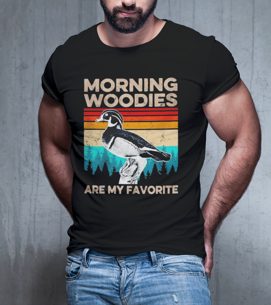 Morning Woodies Are My Favorite Vintage Duck Silhouette Retro Stripes Forest Pines T-Shirt