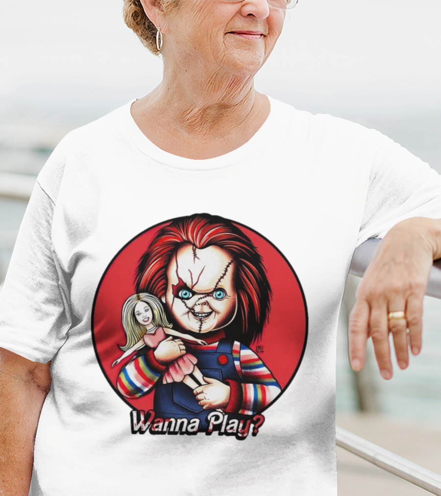 Chucky Holding Doll With Wanna Play? Text In Red Circle T-Shirt