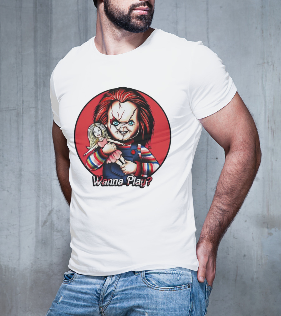Chucky Holding Doll With Wanna Play? Text In Red Circle T-Shirt